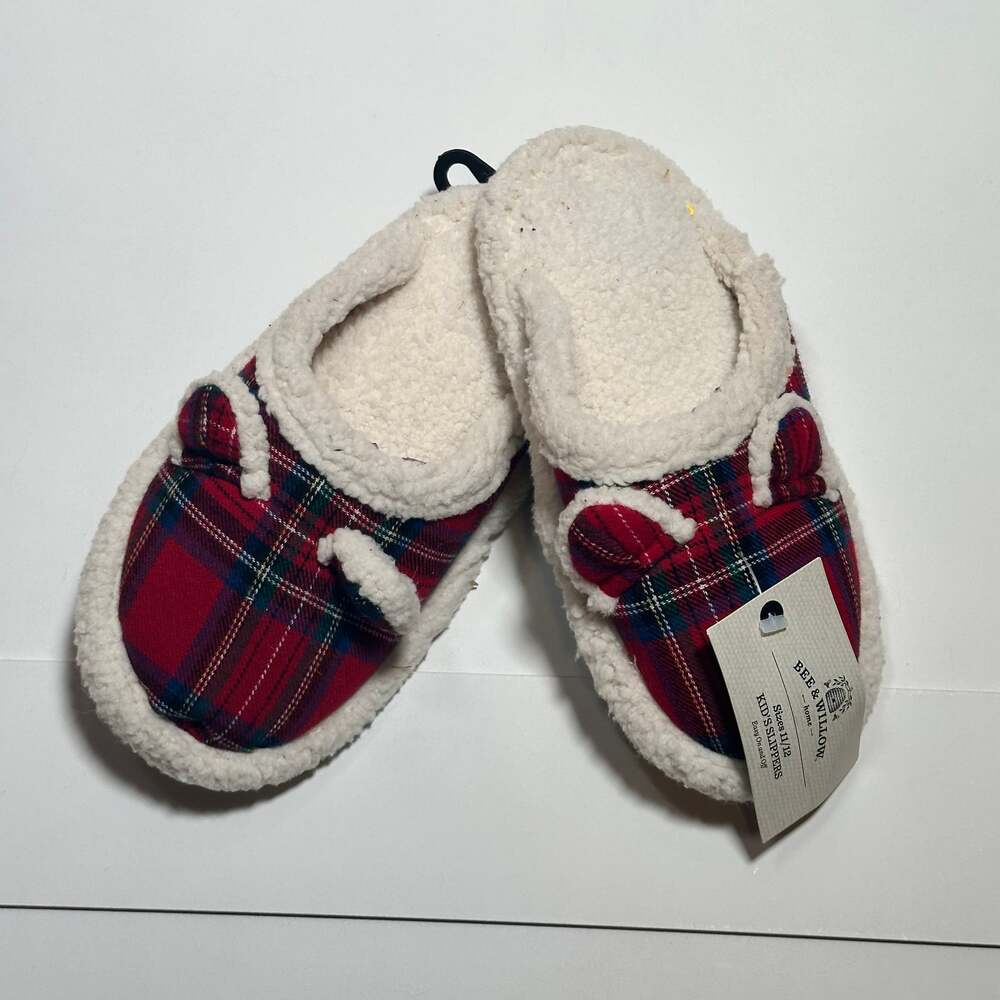 NWT Bee & Willow Kids Red Plaid Bear Scuff Slippers Size 11/12